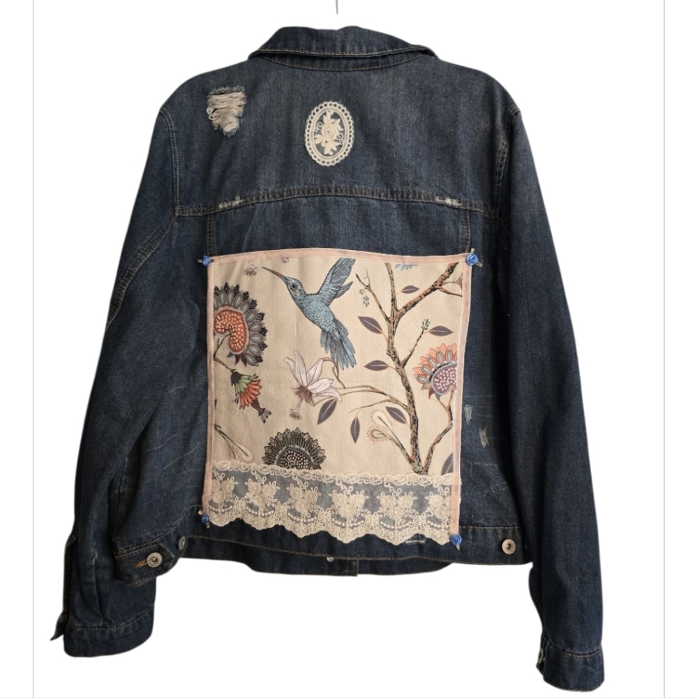 Upcycled Hand Crafted On A Distressed Cato Denim Jacket Size XL 18/20 in EUC